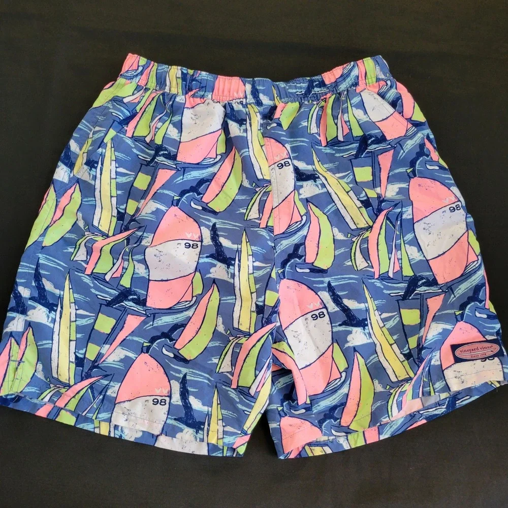 Vineyard Vines Mens Sailboat Print Swim Trunks Blue Pink Medium Board Shorts